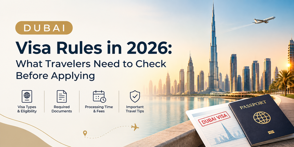 Dubai visa rules in 2026 with Burj Khalifa skyline, passport, and visa application documents.
