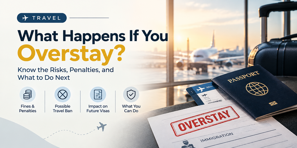 Visa overstay consequences illustrated with a passport, immigration document stamped overstay, and airport background.